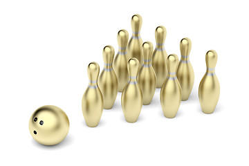 Image showing Gold bowling pins and ball