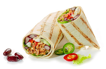 Image showing Tortilla wrap with fried minced meat and vegetables