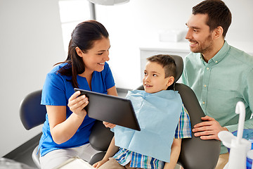 Image showing dentist showing tablet pc to kid at dental clinic