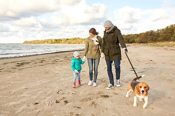 Image showing happy family walking with beagle dog on beach