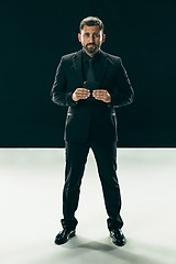 Image showing Male beauty concept. Portrait of a fashionable young man with stylish haircut wearing trendy suit posing over black background.