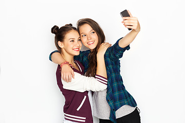 Image showing happy teenage girls taking selfie by smartphone