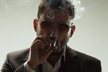 Image showing The barded man in a suit holding cigar