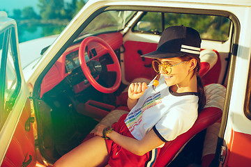 Image showing Woman and happy trip by car