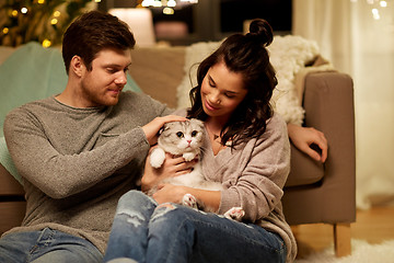 Image showing happy couple with cat at home