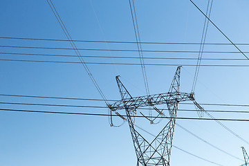 Image showing transmission tower and power line over blue sky