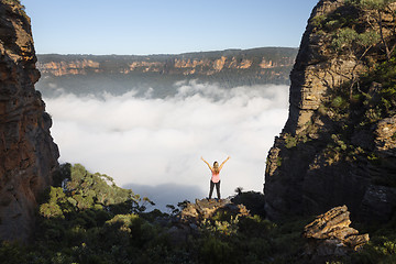 Image showing Woman feelings of exhilaration hiking in Blue Mountains Australia