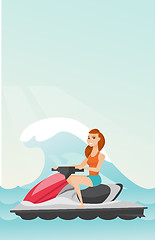 Image showing Caucasian woman riding on water scooter in the sea