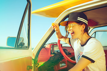 Image showing Woman and happy trip by car