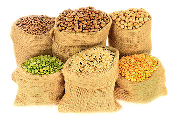 Image showing Legumes, Pulses in burlap bags 