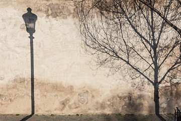 Image showing Graphical and textured artisic image of old textured retro wall with vintage street lamp and tree shadow falling on the wall.