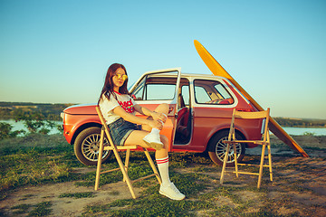 Image showing Woman and happy trip by car