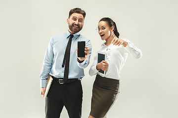 Image showing a business man shows the laptop to his colleague in the office.