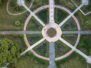 Image showing Symmetrical round shape in the garden. The aerial view from the drone is strictly from above.