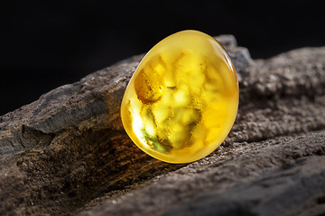 Image showing Natural amber. A piece of yellow opaque natural amber on large piece of dark stoned wood.