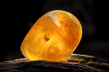 Image showing Natural amber. A piece of yellow opaque natural amber on large piece of dark stoned wood.