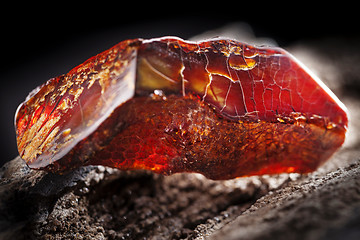 Image showing Natural amber. A piece of dark red semi transparent natural amber on piece of stoned wood.