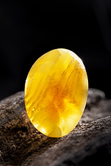 Image showing Natural amber. A piece of yellow opaque natural amber on large piece of dark stoned wood.