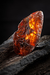 Image showing Natural amber. A piece of yellow and red semi transparent natural amber on piece of stoned wood.