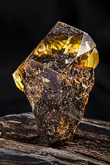 Image showing Natural amber stone. A piece of dirty amber with transparent yellow layer on piece of stoned wood.