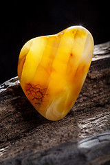 Image showing Natural amber. A piece of yellow opaque natural amber on large piece of dark stoned wood.