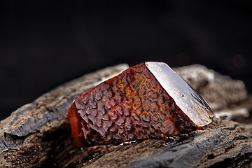 Image showing Natural amber. A piece of dark red semi transparent natural amber on piece of stoned wood.