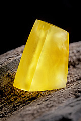 Image showing Natural amber. A piece of yellow opaque natural amber on large piece of dark stoned wood.