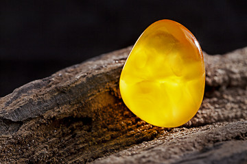 Image showing Natural amber. A piece of yellow opaque natural amber on large piece of dark stoned wood.