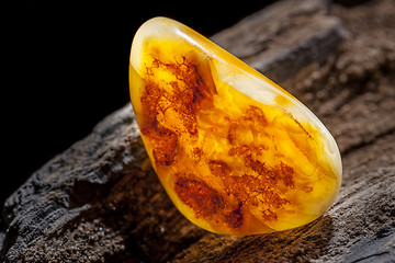 Image showing Natural amber. A piece of yellow opaque natural amber on large piece of dark stoned wood.