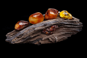 Image showing Natural amber. Several pieces of different colors of natural amber on large piece of stoned wood.