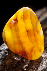 Image showing Natural amber. A piece of yellow opaque natural amber on large piece of dark stoned wood.