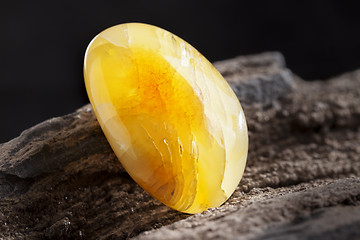 Image showing Natural amber. A piece of yellow opaque natural amber on large piece of dark stoned wood.