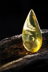 Image showing Natural amber. A piece of yellow transparent natural amber on large piece of dark stoned wood.