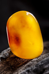 Image showing Natural amber. A piece of yellow opaque natural amber on large piece of dark stoned wood.