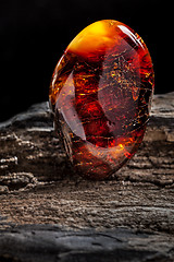 Image showing Natural amber. A piece of dark red semi transparent natural amber on piece of stoned wood.