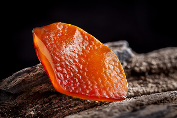 Image showing Natural amber. A piece of yellow and red semi transparent natural amber on piece of stoned wood.