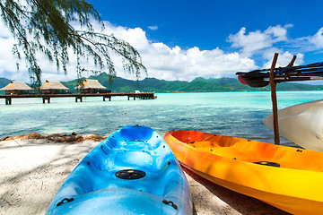 Image showing kayaks moored on beach in french polynesia