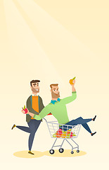 Image showing Couple of friends riding in shopping trolley.