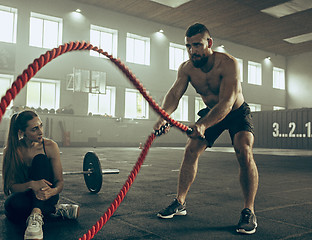 Image showing Men with battle rope battle ropes exercise in the fitness gym.