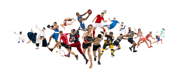 Image showing Sport collage about kickboxing, soccer, american football, basketball, ice hockey, badminton, taekwondo, tennis, rugby