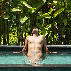 Image showing Man relaxing in outdoor spa infinity swimming pool surrounded with lush tropical greenery of Ubud, Bali.