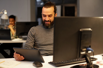 Image showing creative man with computer working late at office