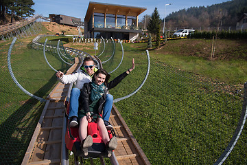 Image showing couple enjoys driving on alpine coaster