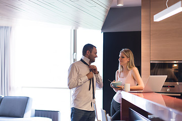 Image showing A young couple is preparing for a job and using a laptop