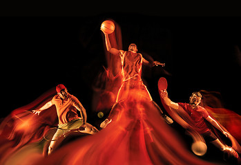 Image showing Sportsmen playing tennis and basketball on black background