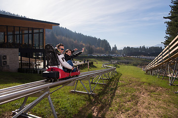 Image showing couple enjoys driving on alpine coaster