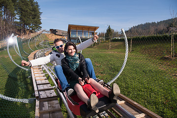 Image showing couple enjoys driving on alpine coaster