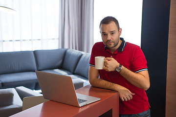 Image showing man drinking coffee enjoying relaxing lifestyle