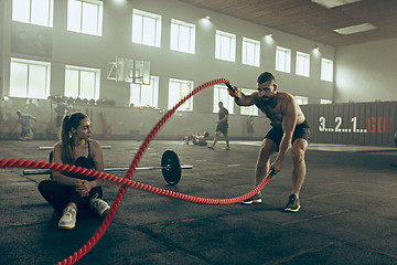 Image showing Men with battle rope battle ropes exercise in the fitness gym.