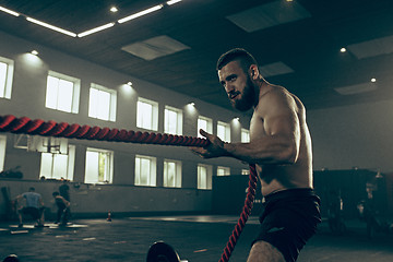 Image showing Men with battle rope battle ropes exercise in the fitness gym.